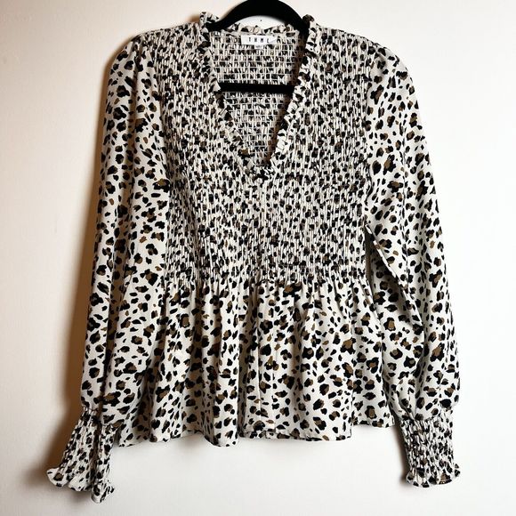 THML Leopard Print V-Neck Long Balloon Sleeve Ruched Ivory Black Shirt Top Sz S - Picture 2 of 10